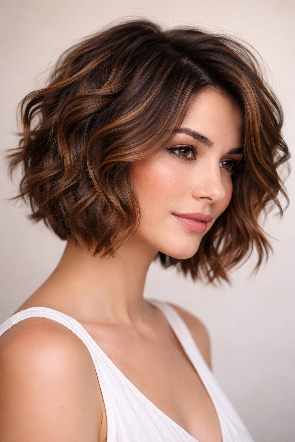 Short layered brown hair with caramel highlights and loose, tousled waves.