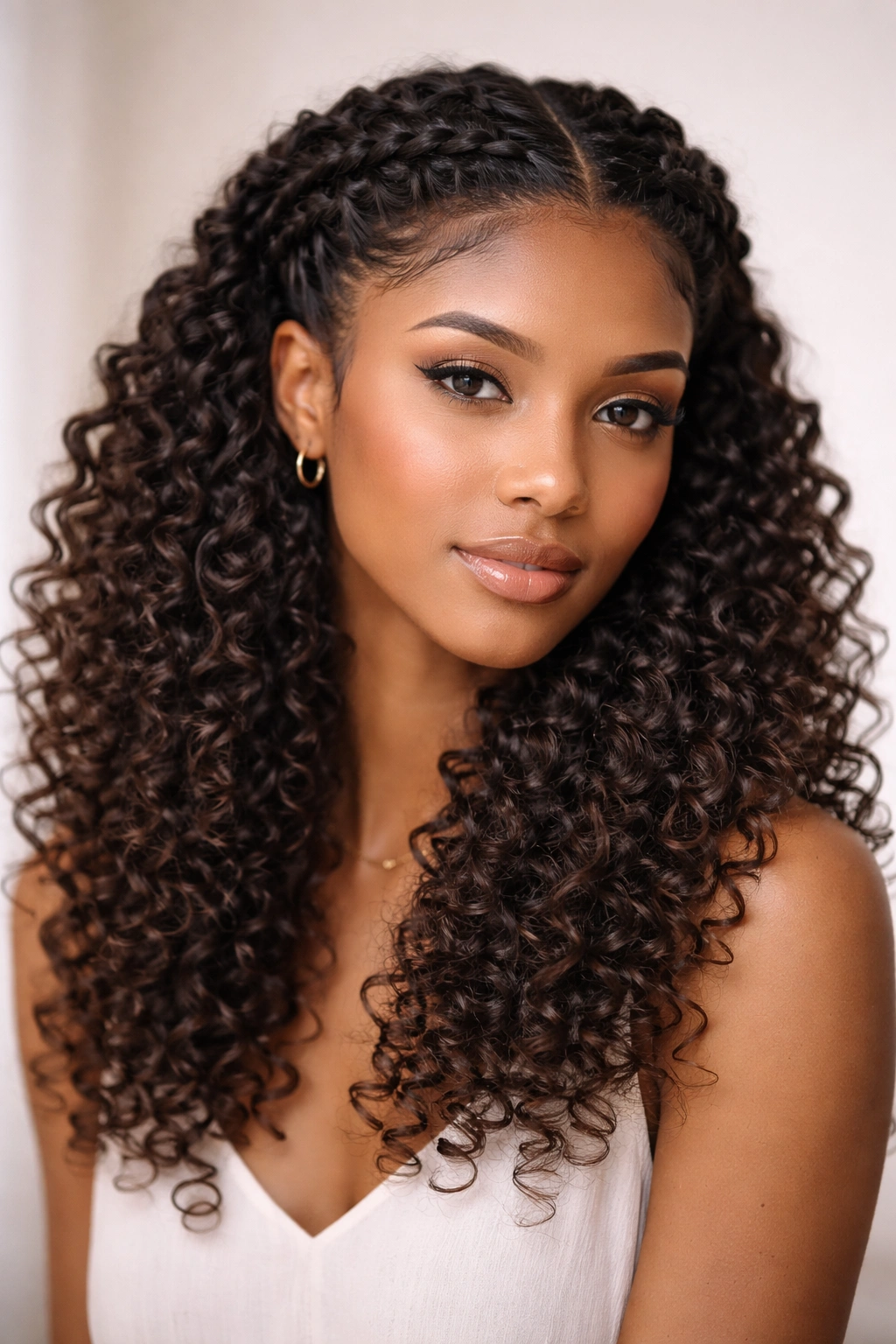 Twisted crown braid framing the face with loose 3c curls underneath
