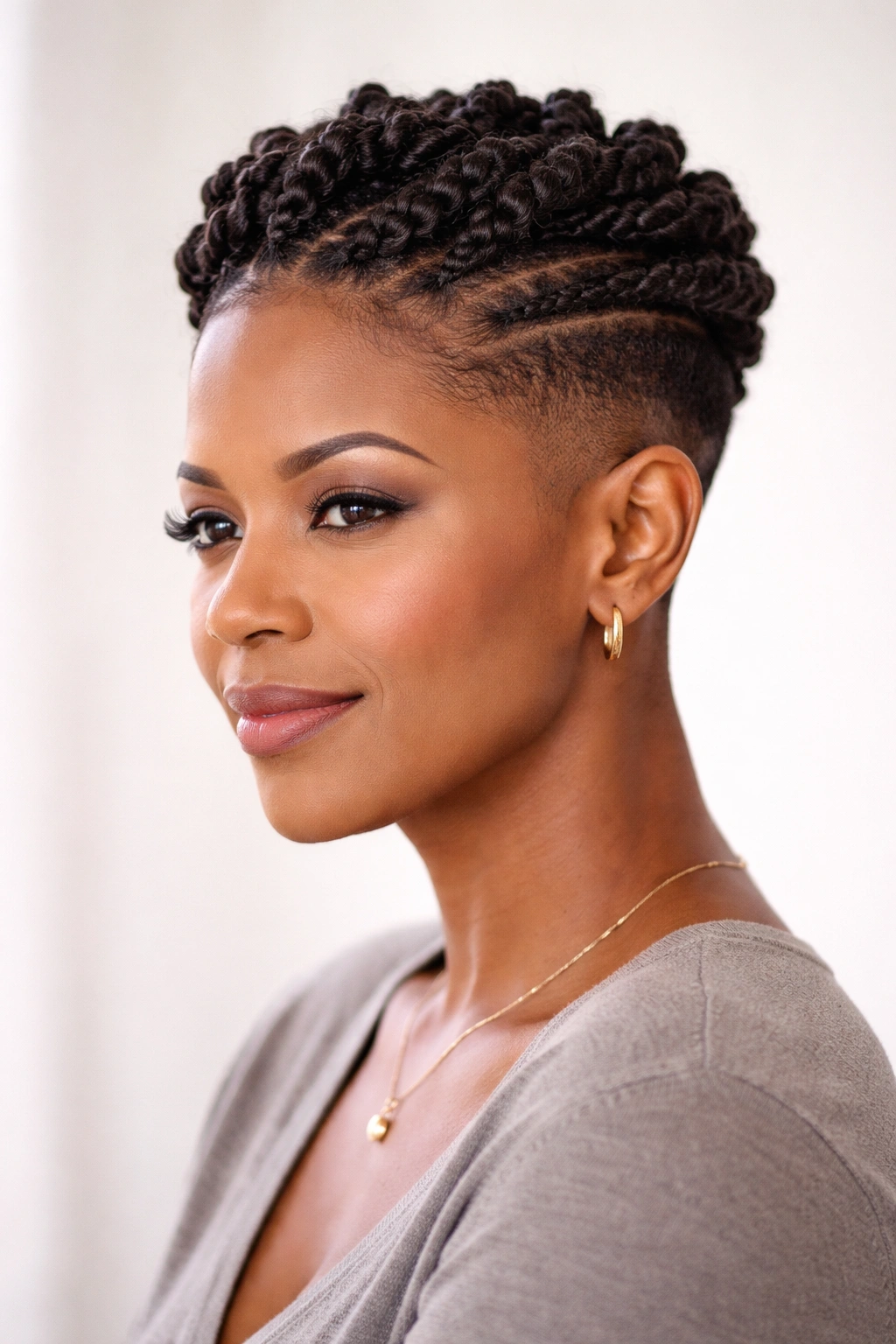 Portrait of twisted crown hairstyle with fade on the sides