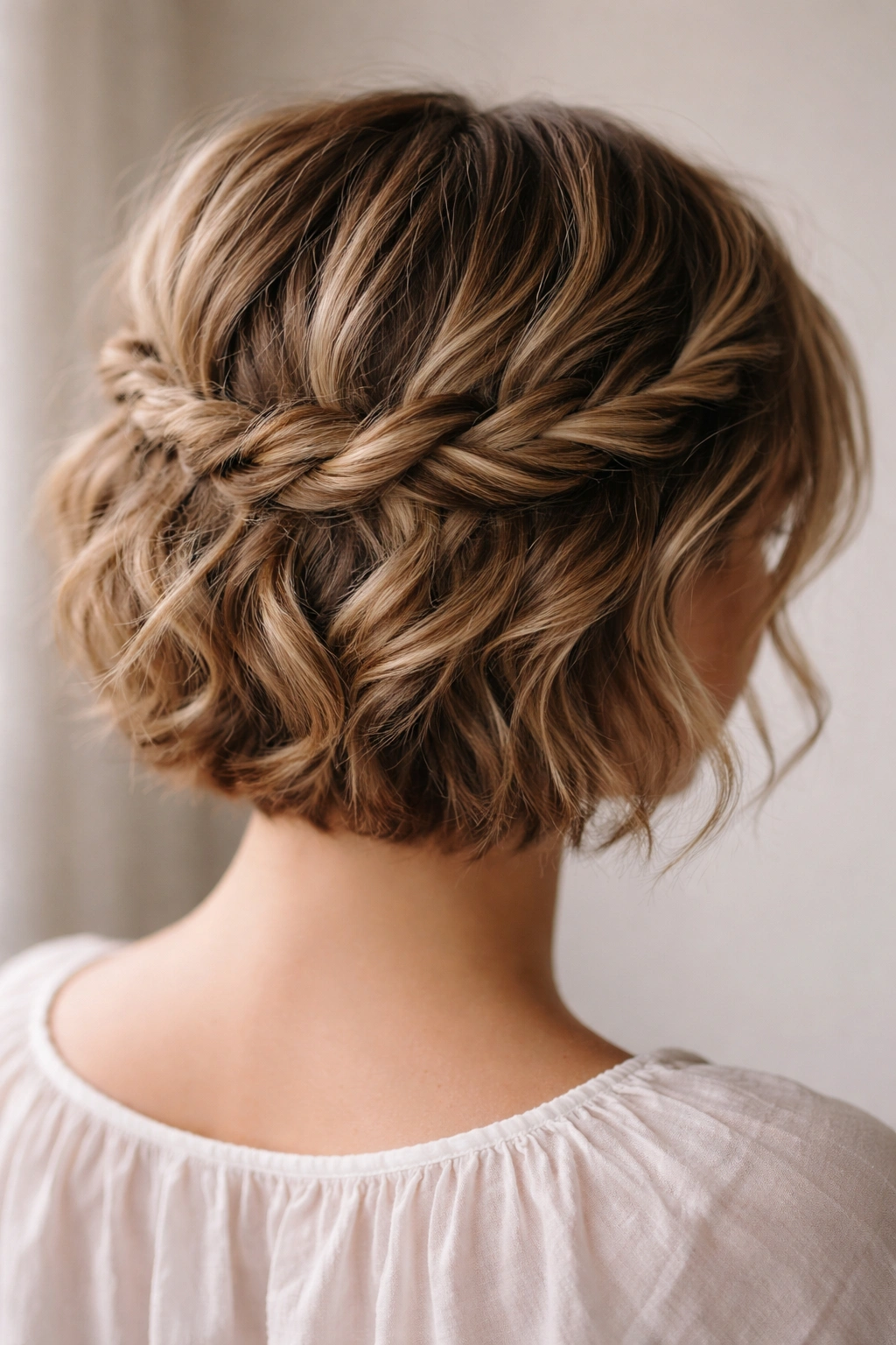 Close-up of a short wavy hairstyle with a loose twisted crown