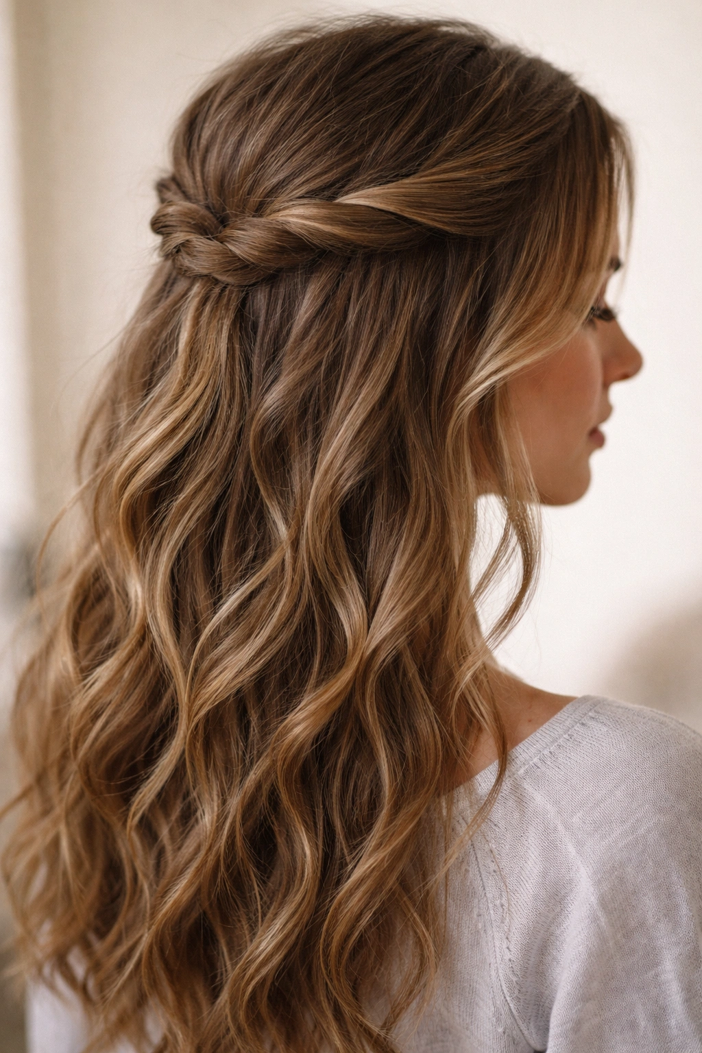 Twisted half-up hairstyle with face-framing pieces in studio lighting