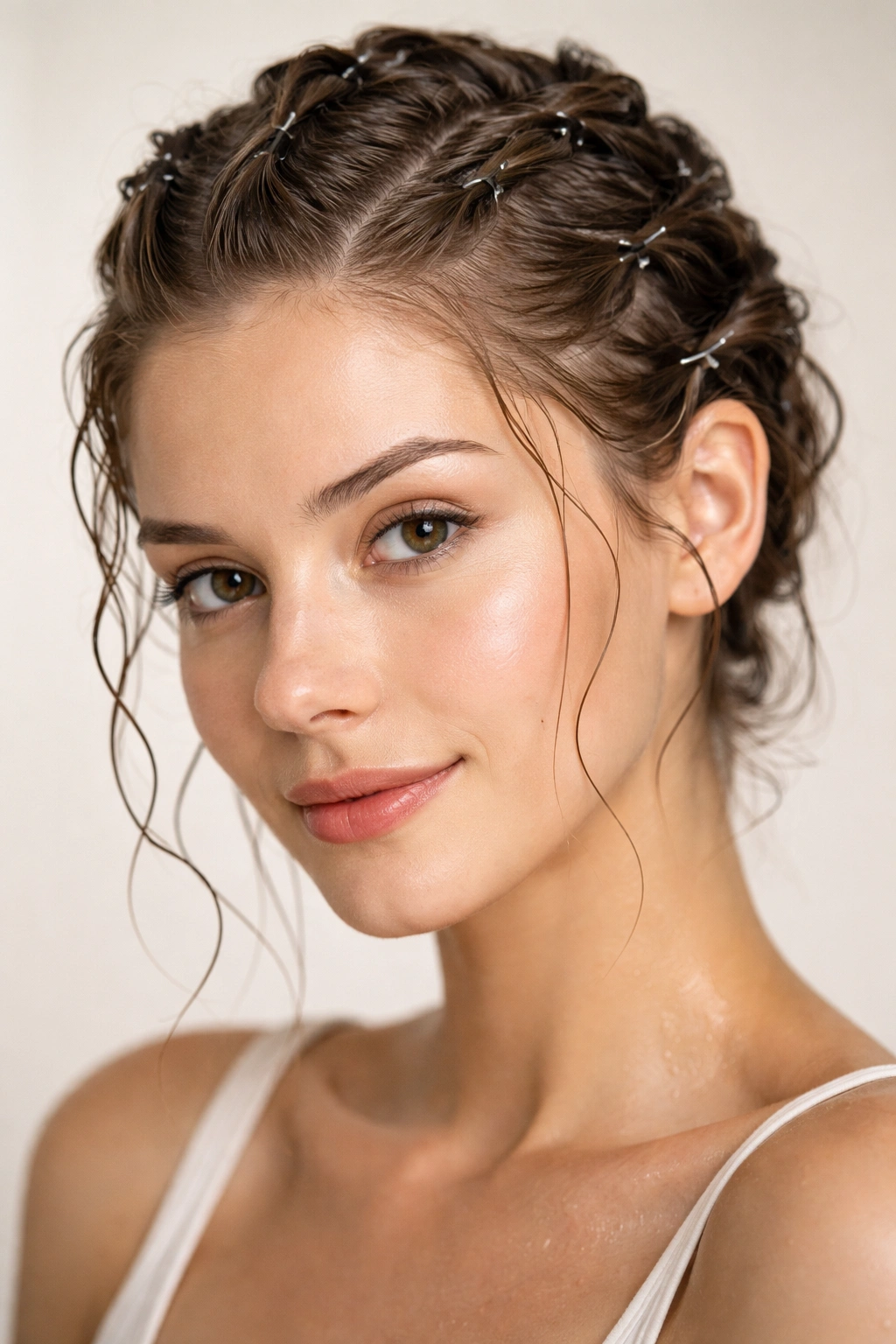 Close-up of damp hair twisted and pinned to form soft waves