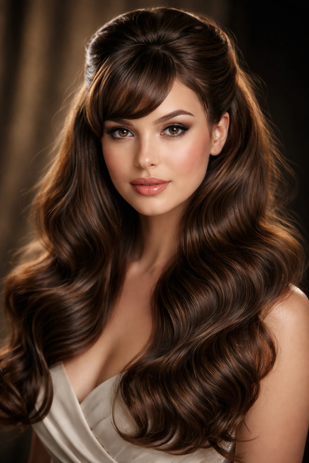 Model with glossy vintage waves and bangs pinned back