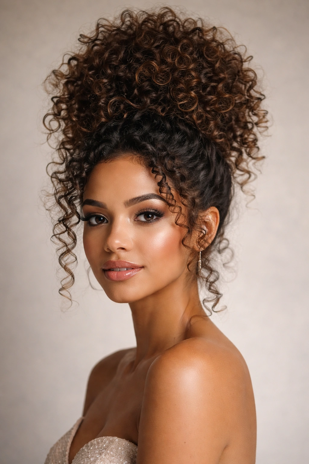 Close-up of voluminous curly updo with stacked curls on the crown, studio lighting highlighting texture