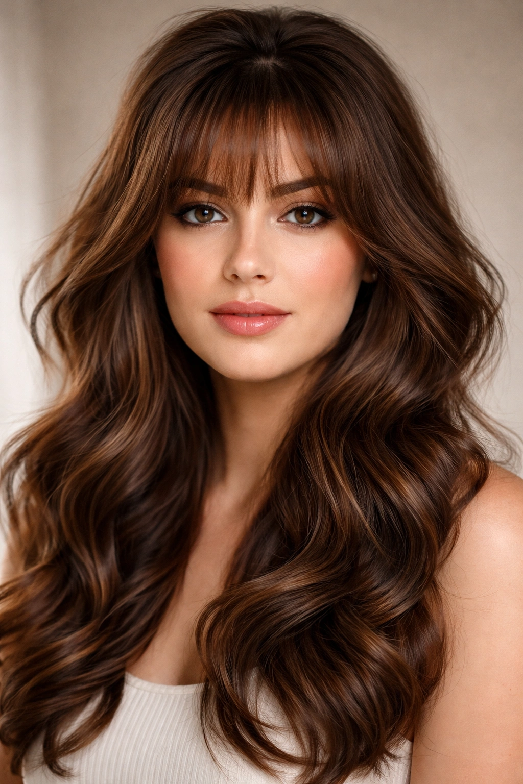 Portrait of voluminous waves with soft feathered bangs in studio lighting