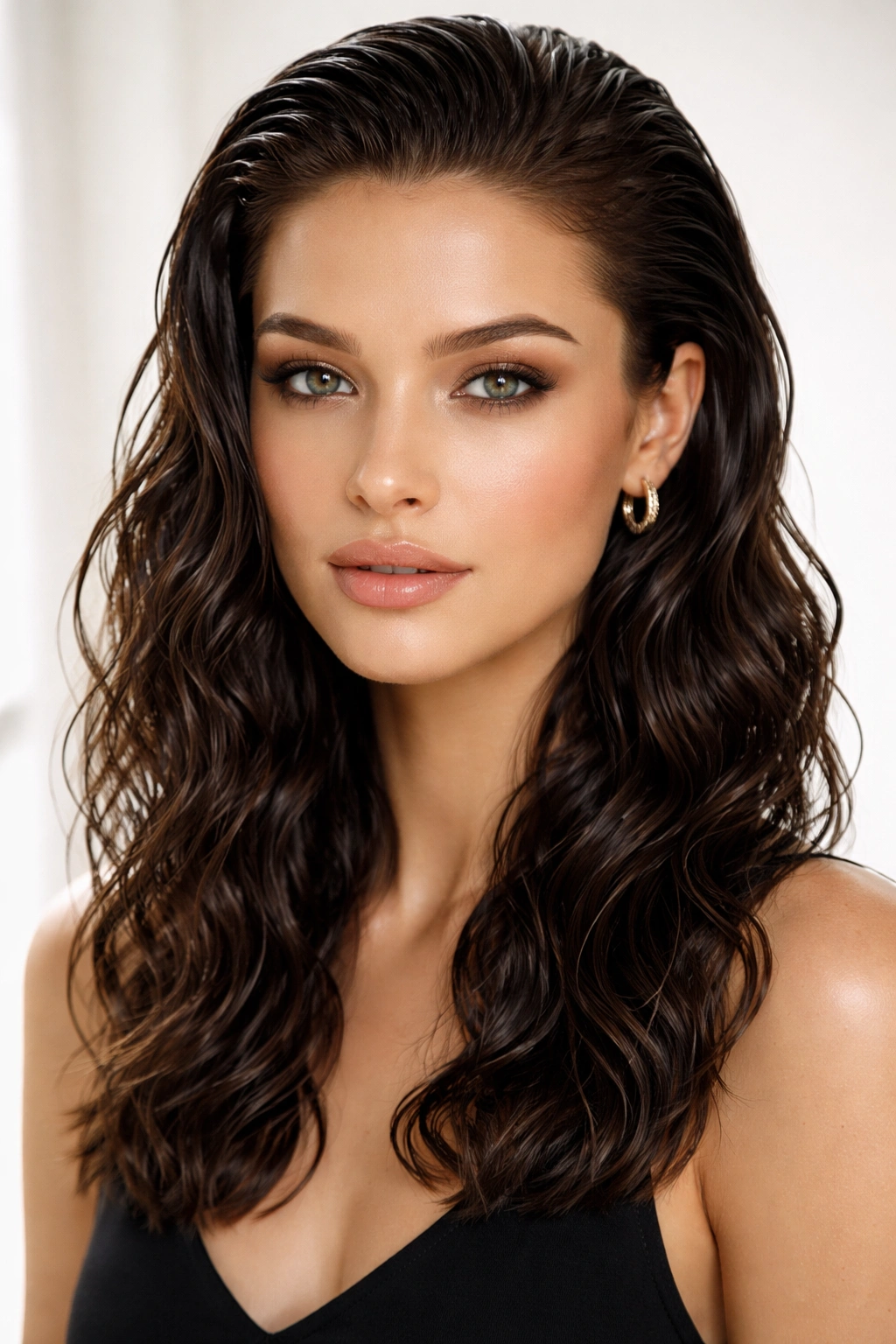 Glossy wet-look waves with a sleek top and defined lower waves