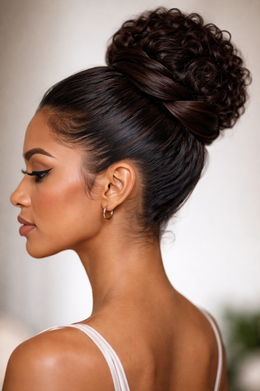 Close-up profile of a high wrap-around bun with smooth twisted sections on curly hair